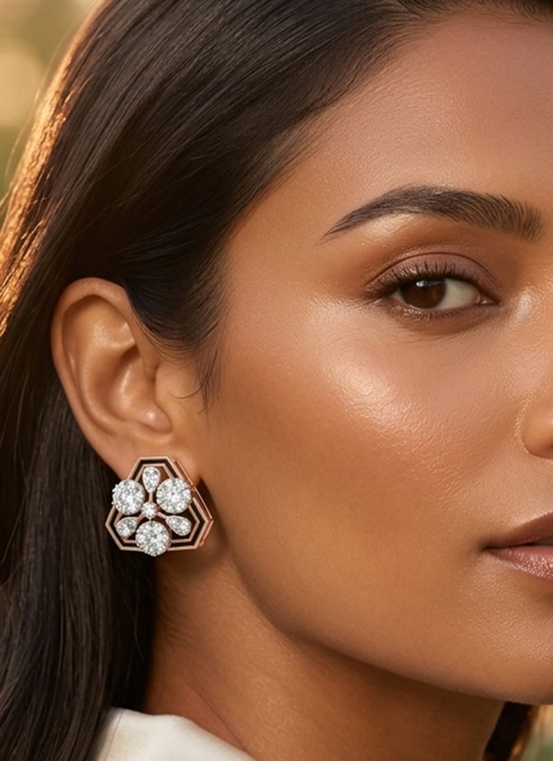 Rose Gold Plated 925 Sterling Silver Stud Earrings With Moissanite Stone Embellishments Wedding Wear