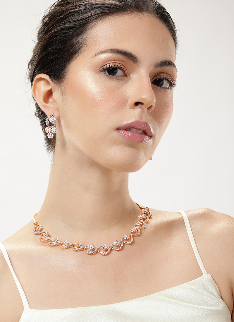 Rose Gold Plated Stone Work Necklace Wedding Wear