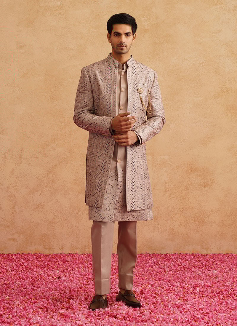 Rose Gold Silk Embroidered Sequins Indowestern Sherwani Wedding Wear