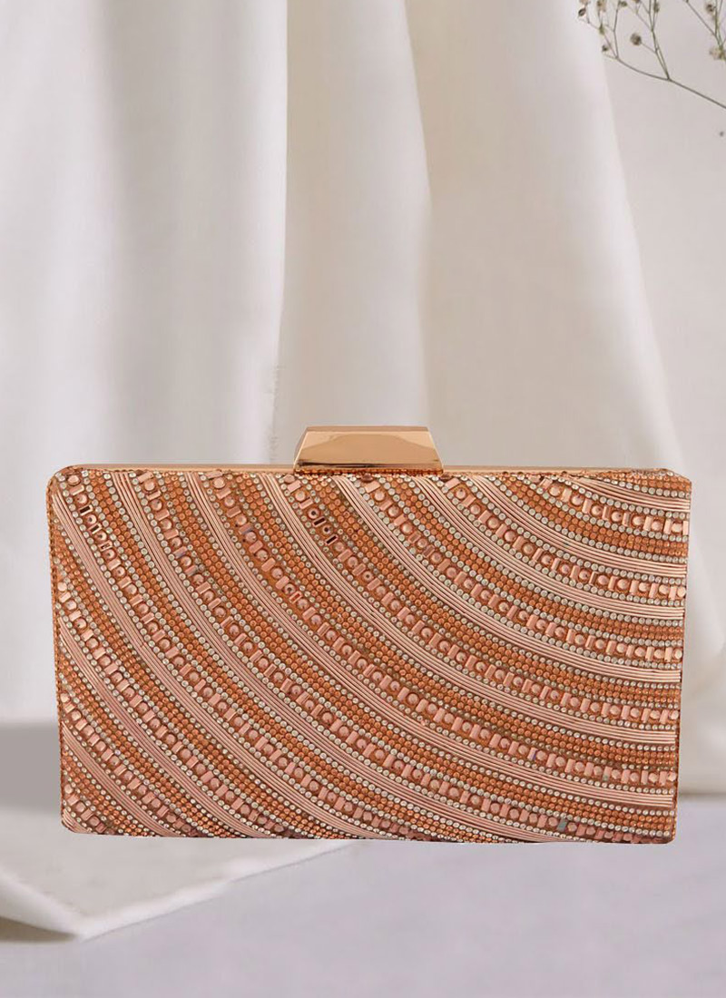 Rose Gold Silk Stone Zardosi Hand Embroidered  Party Clutch After Six Wear
