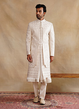 Rose Gold Silk Zari And Embroidered Stones Indowestern Sherwani