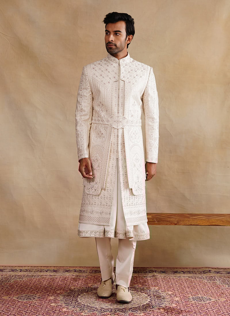 Rose Gold Silk Zari And Embroidered Stones Indowestern Sherwani Wedding Wear