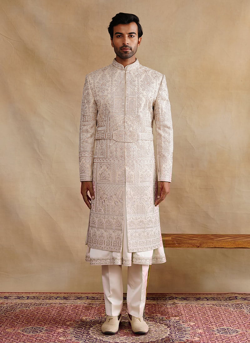 Rose Gold Silk Zari And Embroidered Stones Indowestern Sherwani Wedding Wear