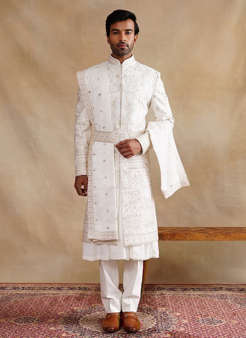 Rose Gold Silk Zari And Embroidered Stones Indowestern Sherwani Wedding Wear