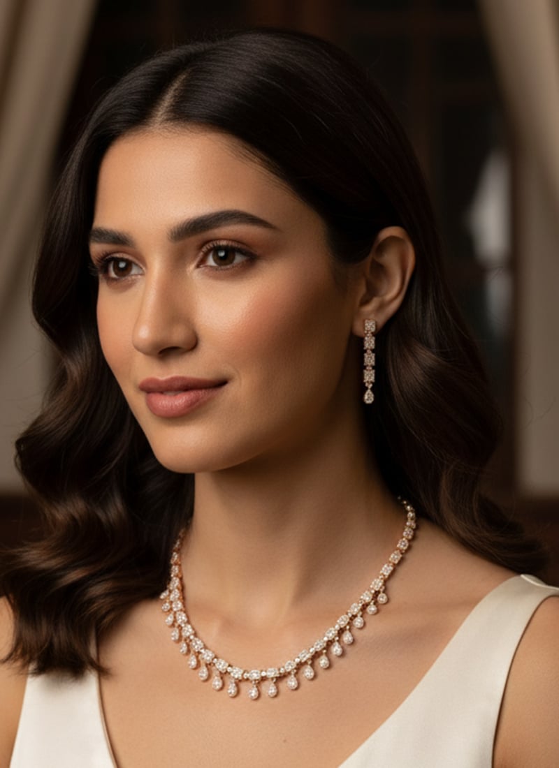 Rose Gold Stone Drop Work Necklace Set Festive Wear