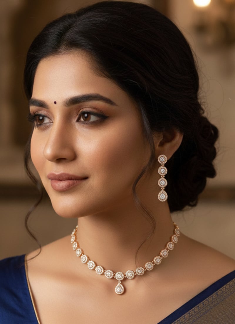 Rose Gold Stone Work Necklace Set Festive Wear