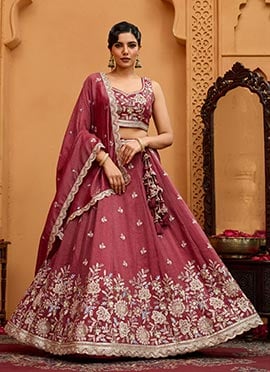 Rose Gold Tissue Sequins Stones Embroidered Cut Work Umbrella Lehenga Wedding Wear