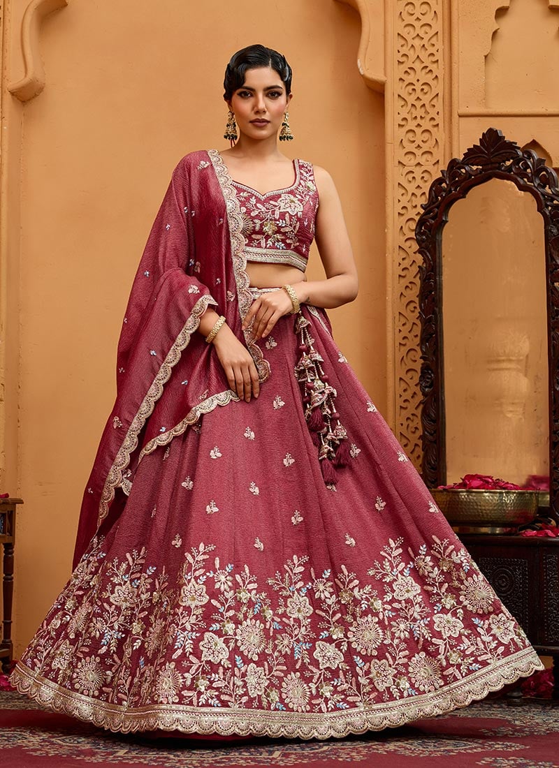 Rose Gold Tissue Sequins Stones Embroidered Cut Work Umbrella Lehenga