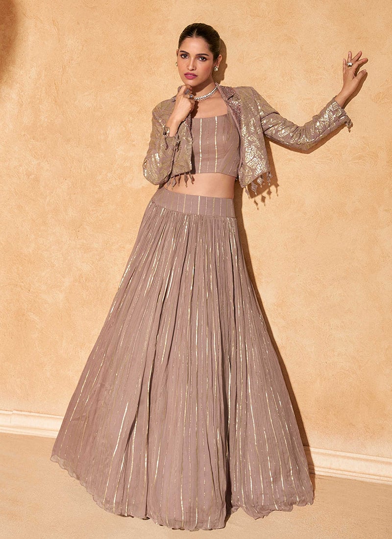Rose Gold Viscose Sequins Stylish Indowestern Jacket Lehenga Set