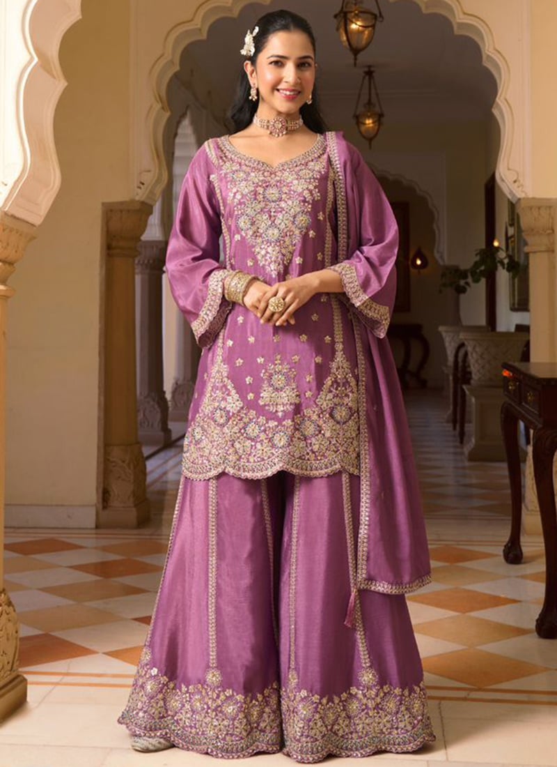 Rose Mauve Chinon Embroidered Sequins With Stone Work Palazzo Suit Festive Wear