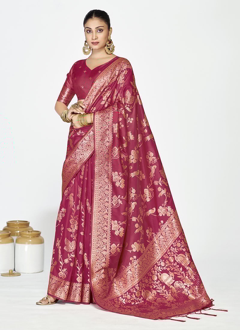 Rose Pink Banarasi Silk Zari Woven Saree Festive Wear