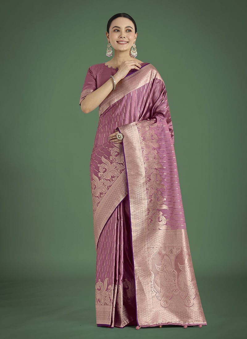 Rose Pink Banarasi Silk Zari Woven Saree Festive Wear