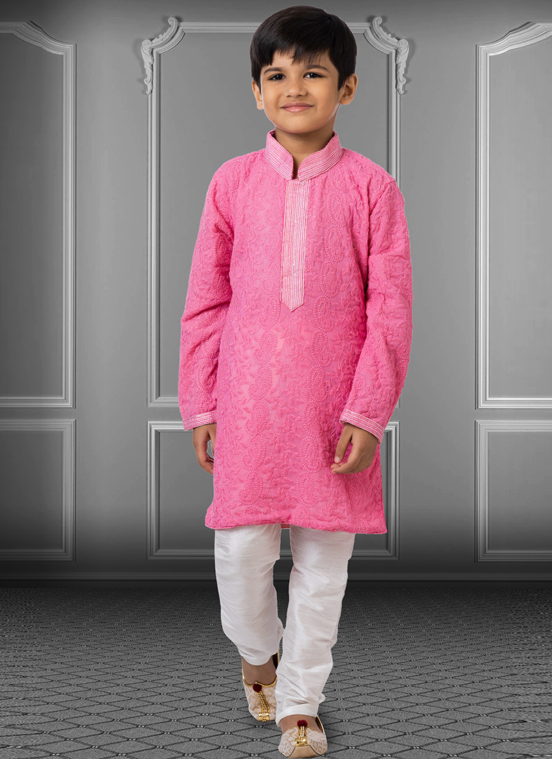 Rose Pink Georgette Embroidered Boys Kurta Pyjama Party Wear