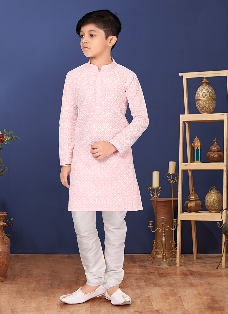 Rose Pink Georgette Embroidered Boys Kurta Pyjama