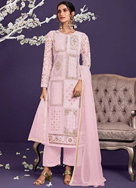 Rose Pink Georgette Embroidered Straight Pant Suit