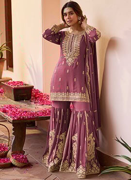 Rose Pink Georgette Sequins And Stone Embroidered Sharara Suit
