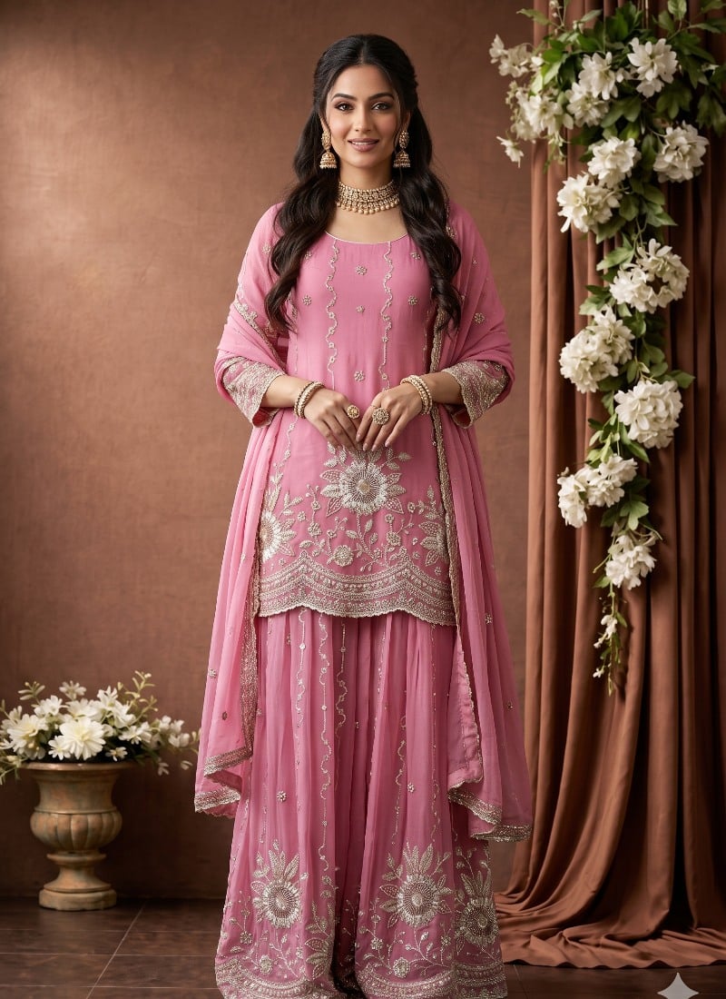 Rose Pink Georgette Sequins Embroidered Palazzo Suit After Six Wear