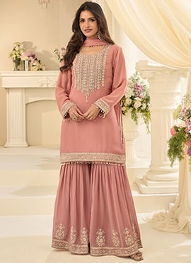 Rose Pink Georgette Zari Embroidered Sharara Suit For Women