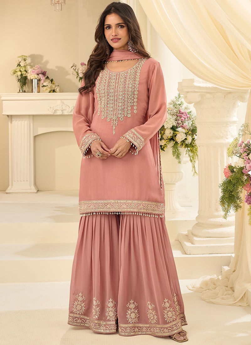 Rose Pink Georgette Zari Embroidered Sharara Suit For Women Festive Wear
