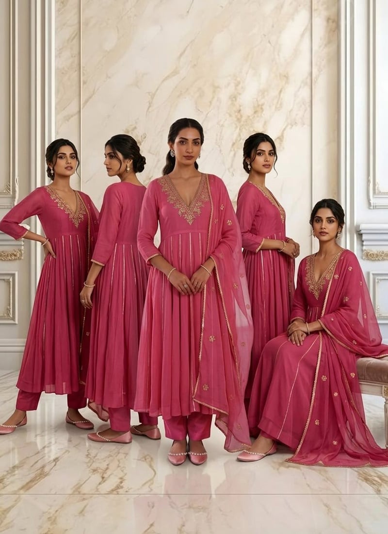 Rose Pink Georgette Zari Sequins Anarkali Suit Wedding Wear