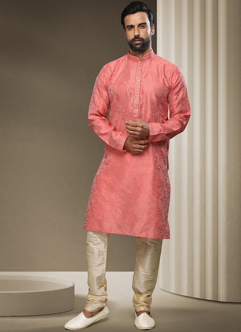 Rose Pink Jacquard Silk Brocade Kurta Pyjama Party Wear