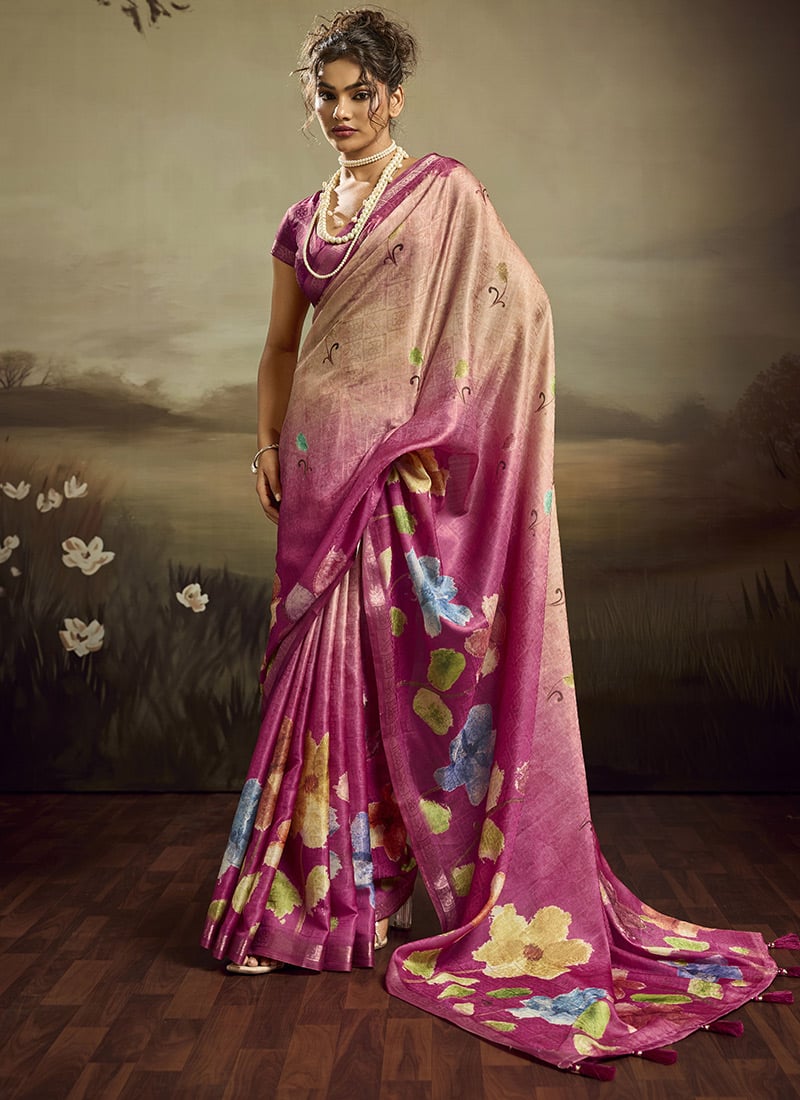 Rose Pink Jacquard Silk Floral Woven Saree After Six Wear
