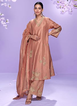 Rose Pink Roman Silk Embroidered And Zari Palazzo Suit Festive Wear