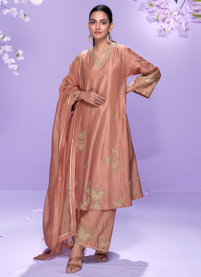 Rose Pink Roman Silk Embroidered And Zari Palazzo Suit