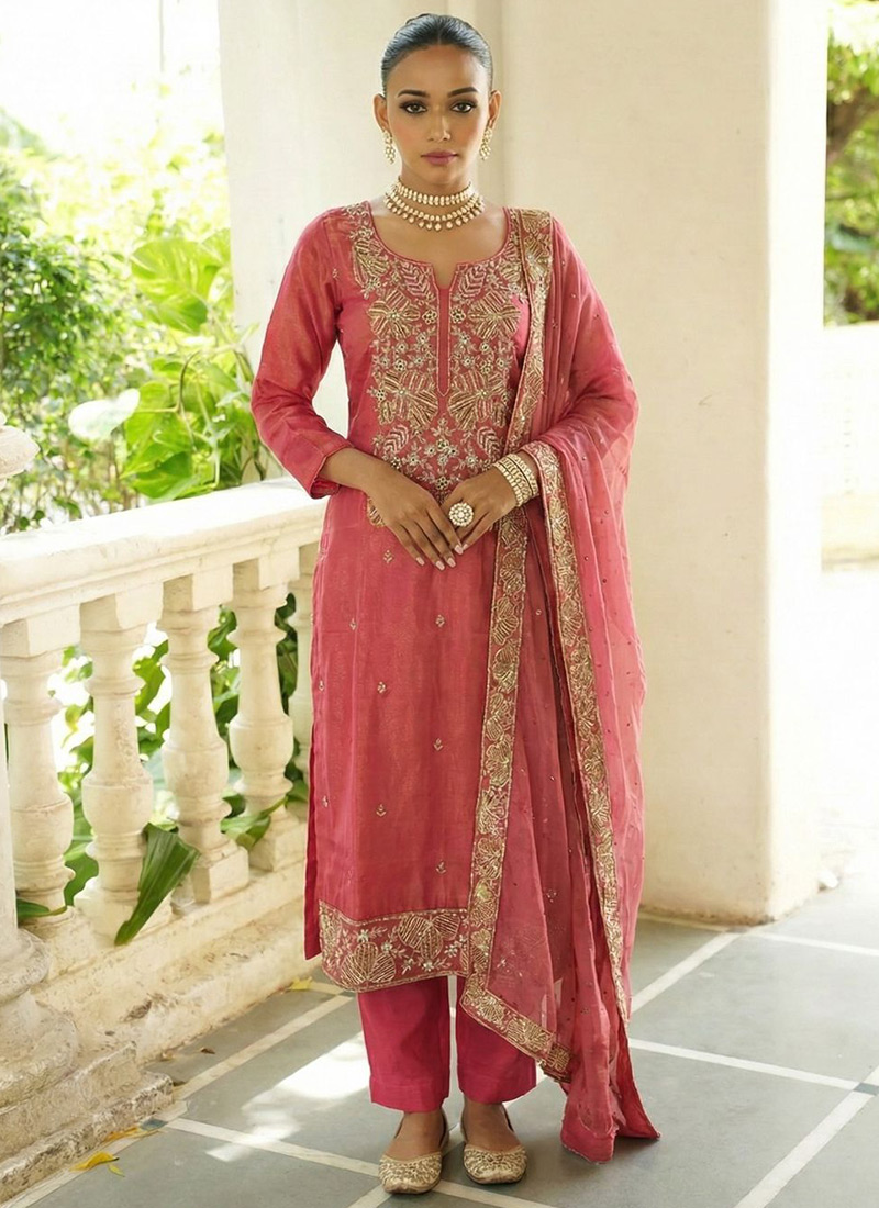 Rose Pink Shimmer Silk Embroidered Sequins Straight Pant Suit Festive Wear