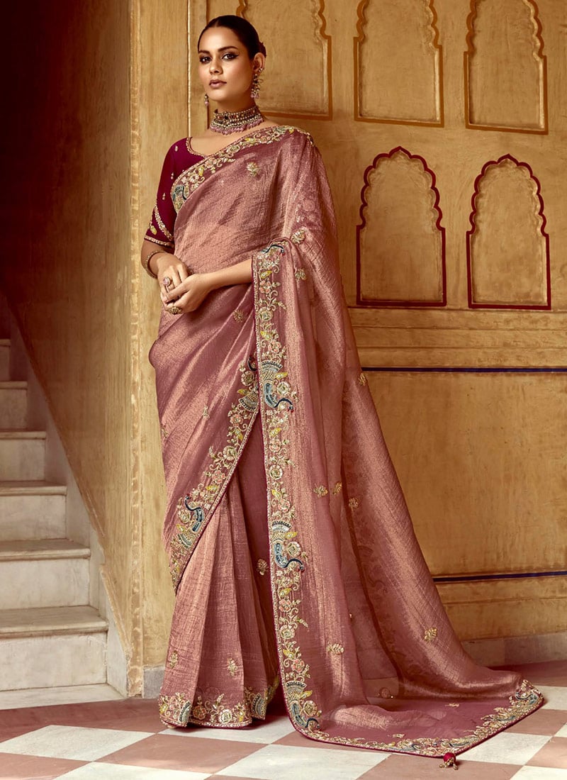Rose Pink Silk Embroidered Sequins Stone And Beads Work Gorgeous Saree Wedding Wear