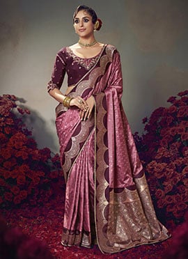 Rose Pink Silk Zari Embroidered Sequins Jacquard Saree