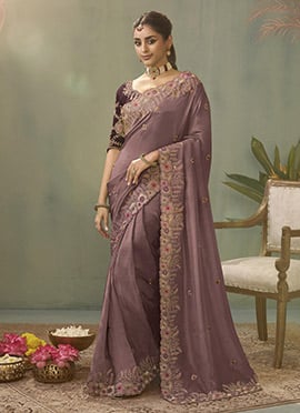 Rose Pink Silk Zari Embroidered Sequins Saree