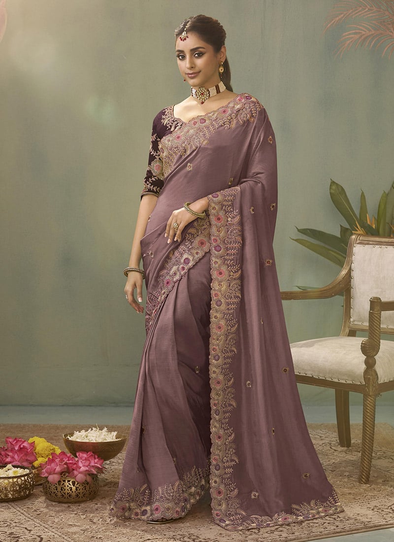 Rose Pink Silk Zari Embroidered Sequins Saree Festive Wear
