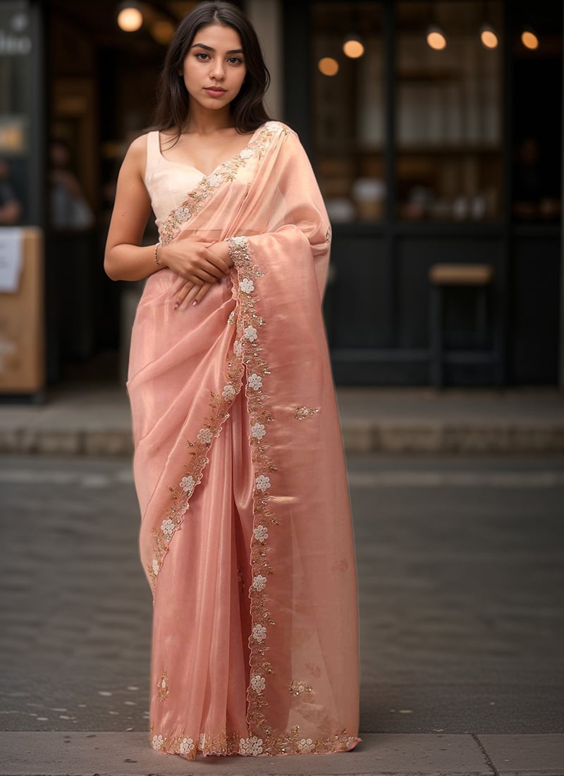 Rose Pink Tissue Zari Hand Embroidered Sequins With Moti Work Saree Wedding Wear