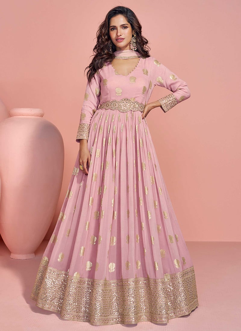 Rose Pink Viscos Jacquard Silk Zardosi And Embroidered Sequins Anarkali Suit Festive Wear