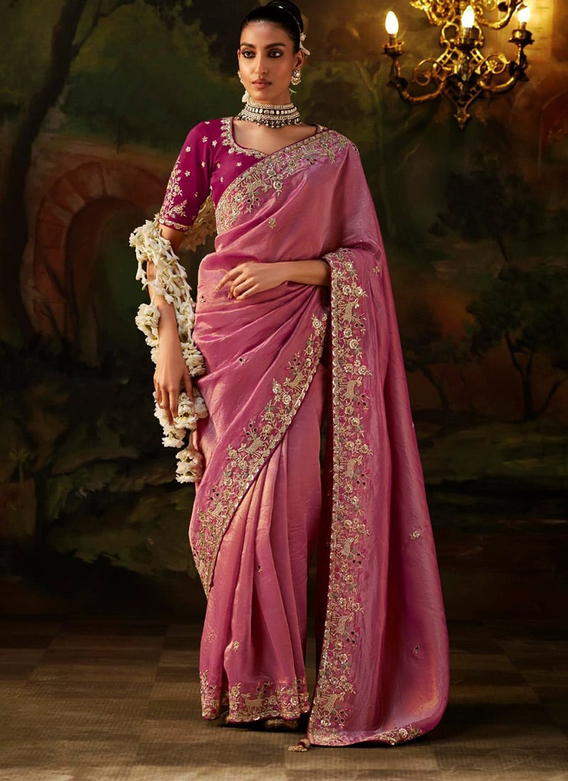 Rose Pink Viscose Zari Tissue Heavy Embroidered Sequins Stone Saree Wedding Wear