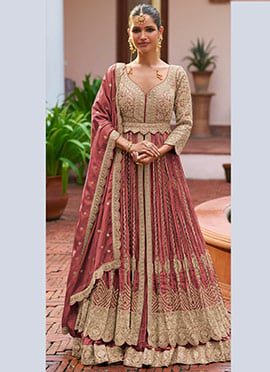 Rose Pink Zari Embroidered Chinon Silk Anarkali Suit