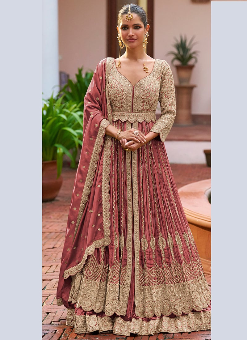 Rose Pink Zari Embroidered Chinon Silk Anarkali Suit Wedding Wear