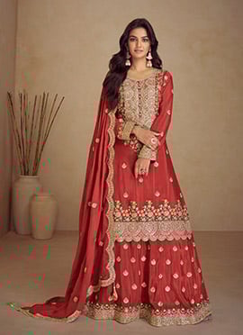 Rose Red Chinon Embroidered Sequins Stone Hand Work Palazzo Suit