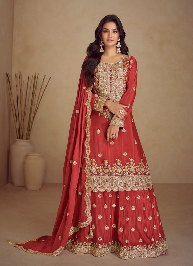 Rose Red Chinon Embroidered Sequins Stone Hand Work Palazzo Suit Festive Wear