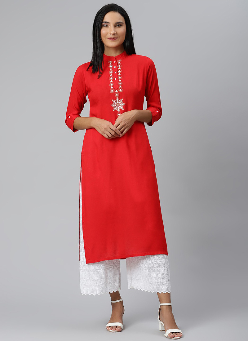 Rose Red Rayon Embroidered Long Kurti