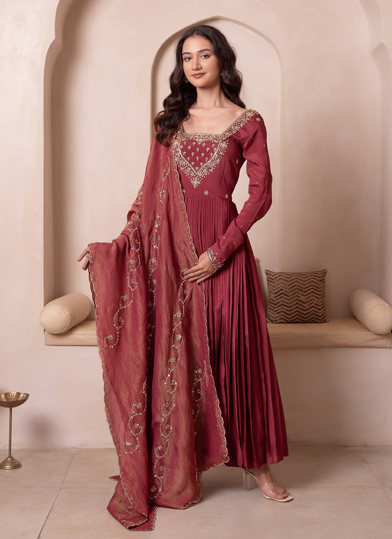 Rosegold Chinon Embroidered Anarkali Suit After Six Wear