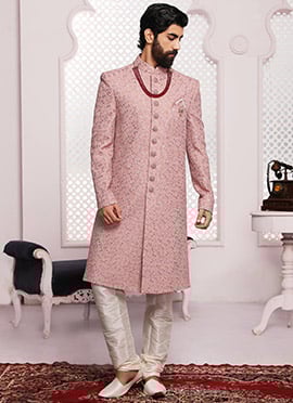 Rouge Pink Art Silk Lucknowi Embroidered Classic Sherwani