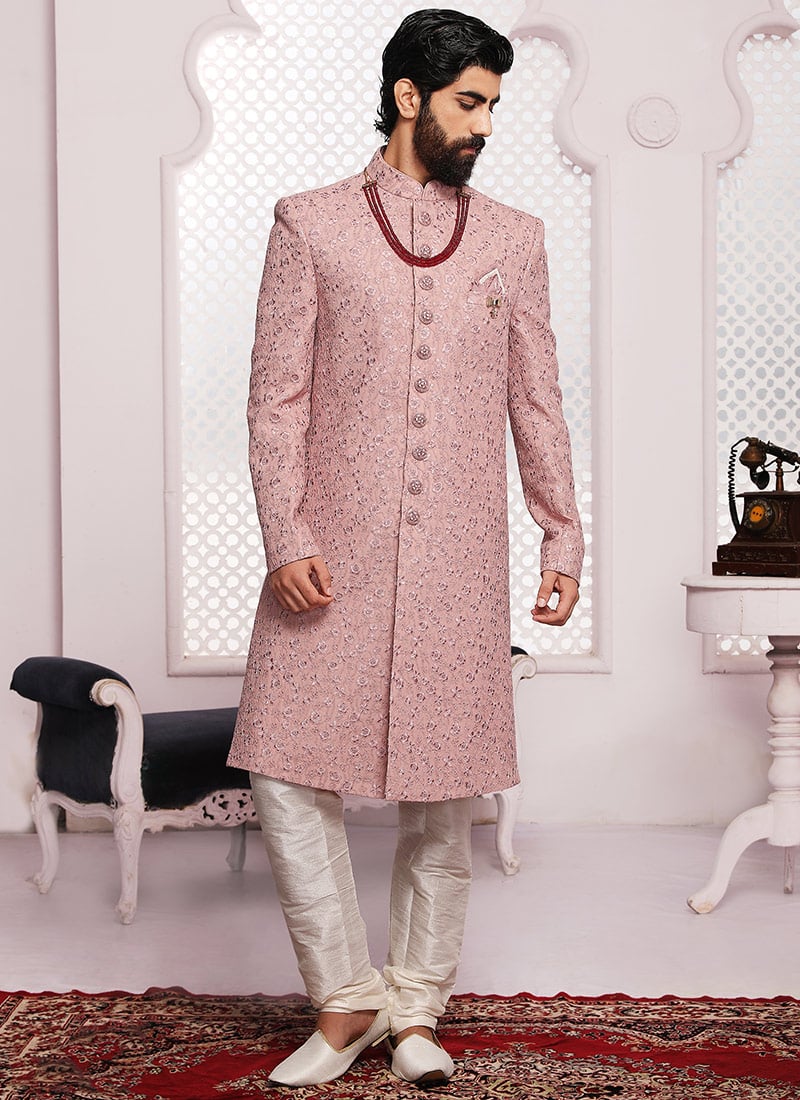 Rouge Pink Art Silk Lucknowi Embroidered Classic Sherwani Wedding Wear