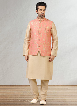 Rouge Pink Jacquard Benarasi Silk Bandi Set
