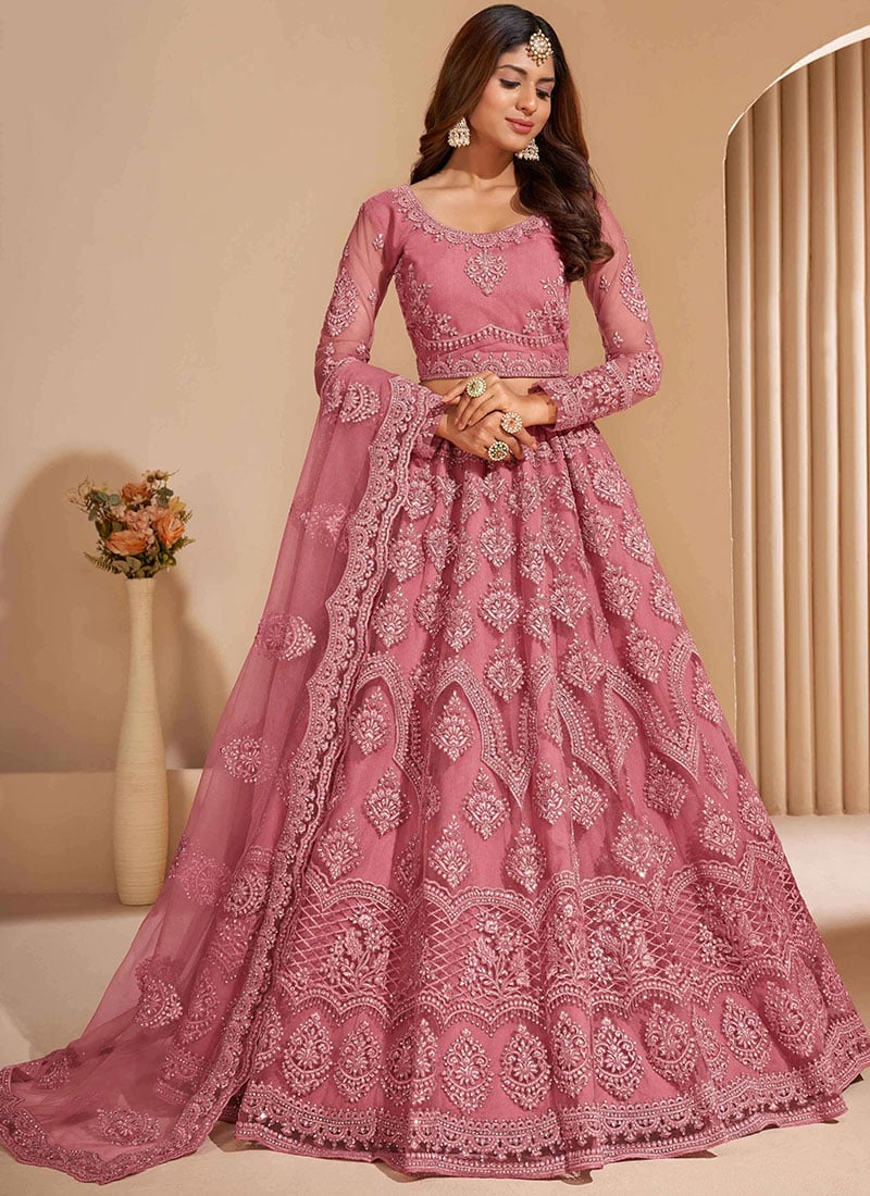 Rouge Pink Net Embroidered N Stones Umbrella Lehenga Wedding Wear
