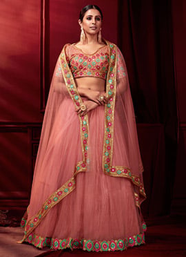 Rouge Pink Net Sequins Embroidery Umbrella Lehenga