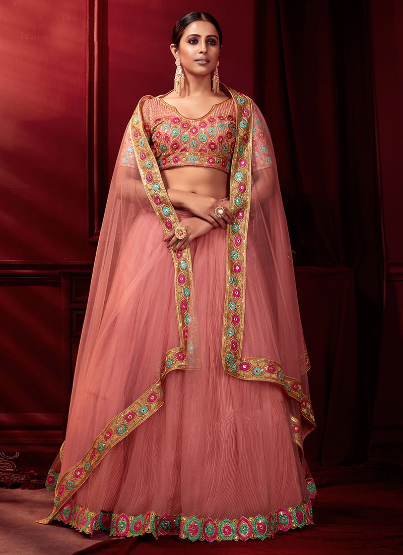 Rouge Pink Net Sequins Embroidery Umbrella Lehenga Party Wear