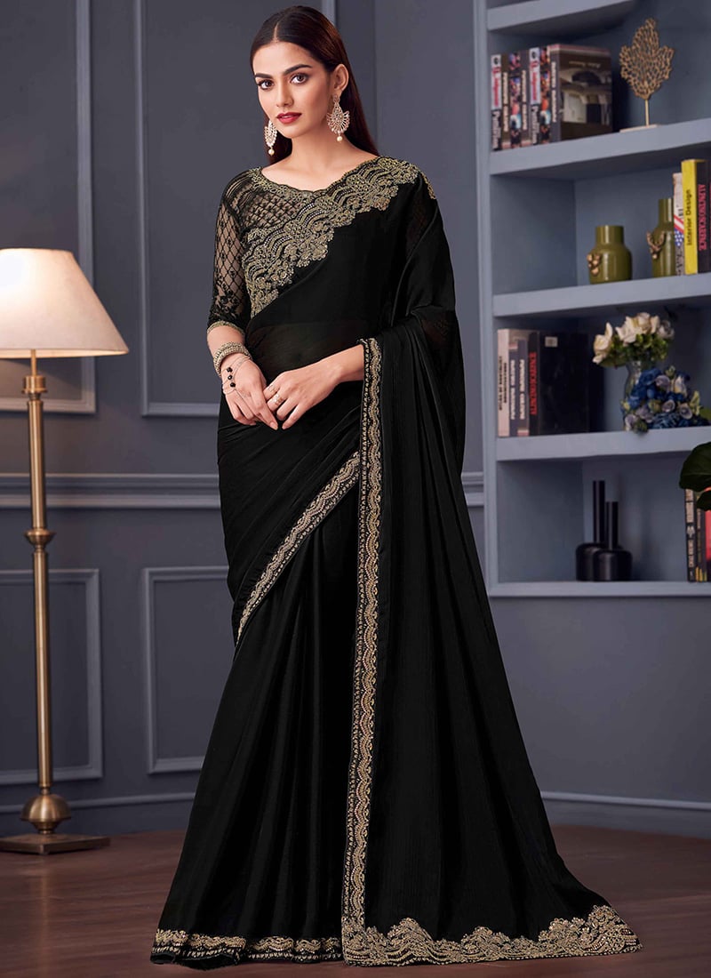 Royal Aura Black Silk Embroidered Sequins Saree Wedding Wear