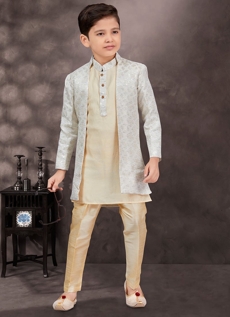 Royal Beige Kasak Zari Jacquard Sequins Indowestern Sherwani Wedding Wear